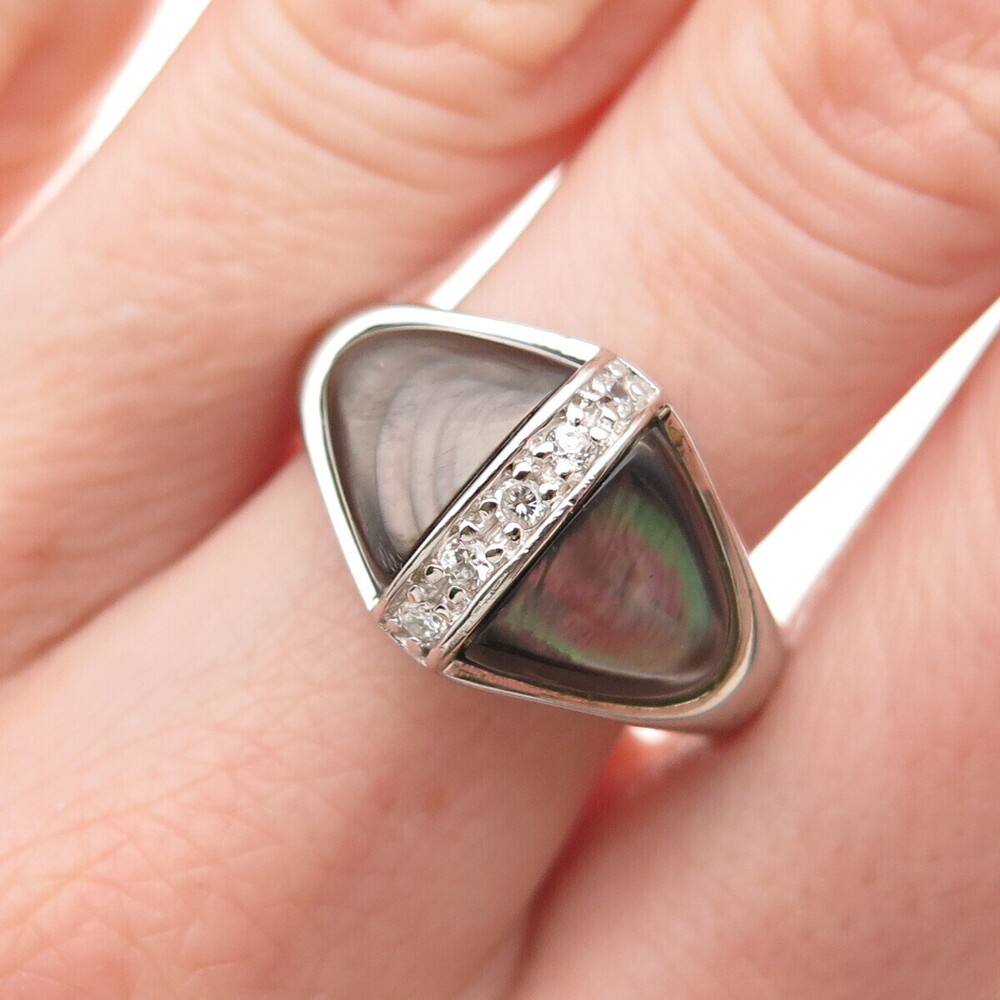 925 Sterling Silver Real Abalone Shell & C Z Modernist Ring Size 8.75
